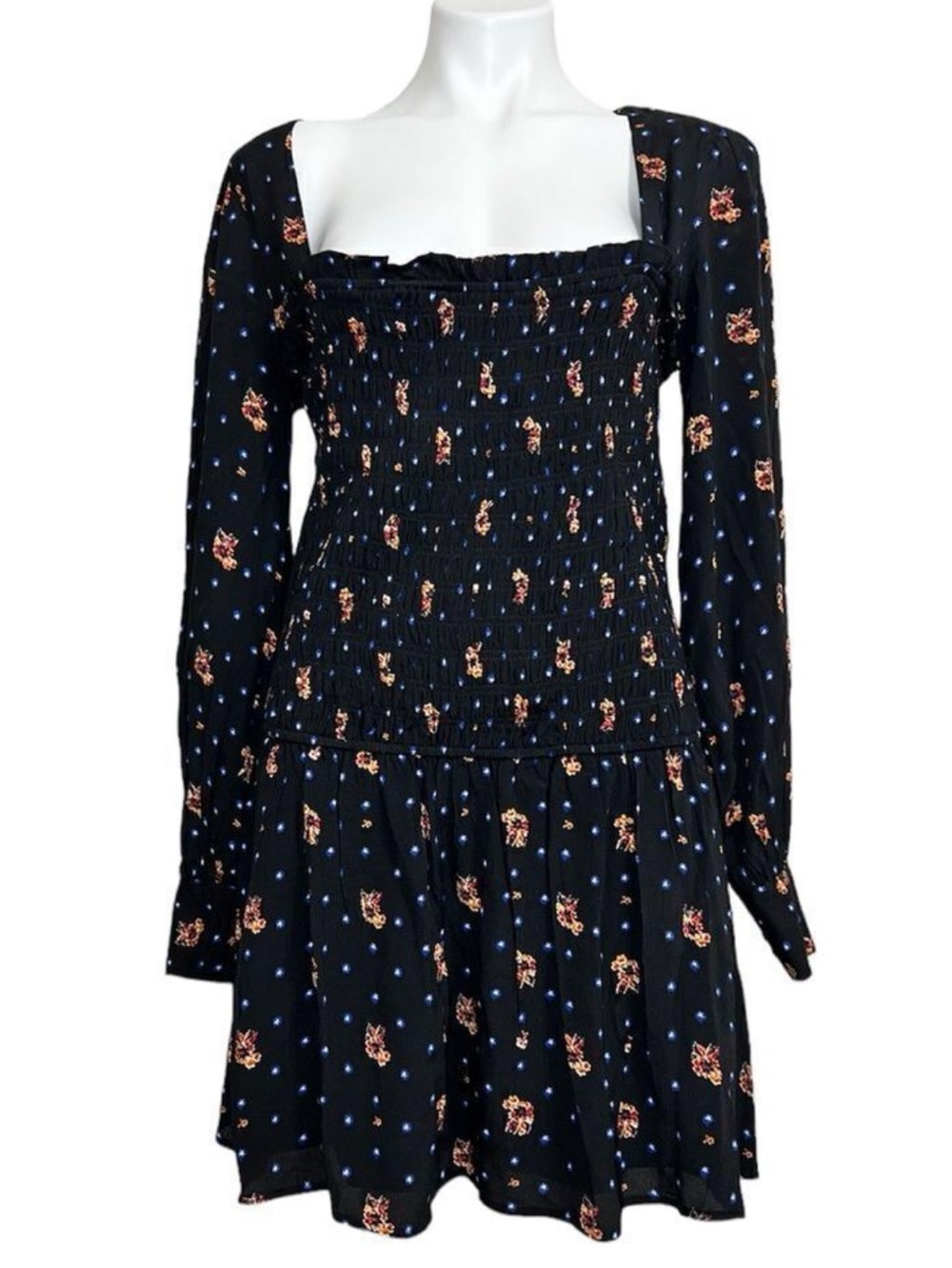 Free People Black Two Faces Milkmaid Smocked Mini Dress  Size Small
